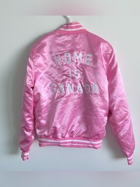 Peace Collective Pink Satin Home Is Canada Bomber Varsity Jacket 2015 limited